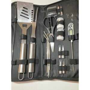 POLIGO 22pc BBQ Stainless Steel Tool Set w/Black Handle With Thermometer.